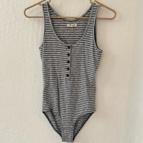 Madewell Blue White Ribbed Striped Sleeveless Henley Indie Bodysuit S - Picture 2 of 8